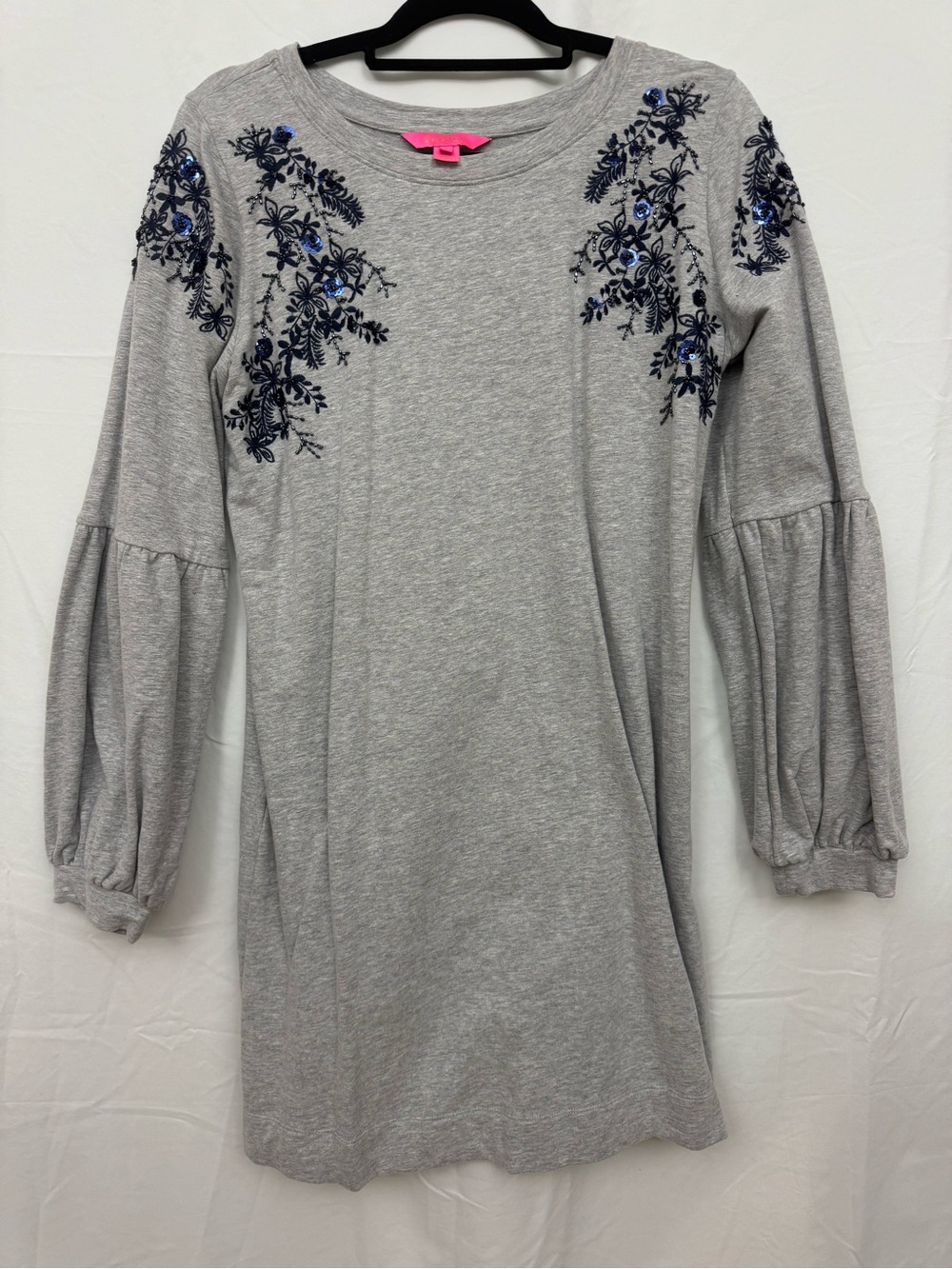 Lilly Pulitzer Grey Long-Sleeve Dress with Navy Embroidery